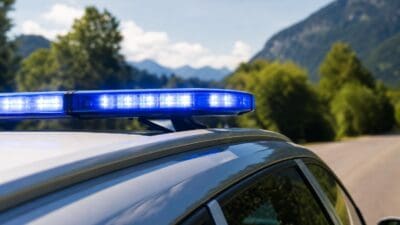 Blaue Blaulichtleiste auf dem Dach eines silbernen Einsatzfahrzeugs vor Bergen und Bäumen
