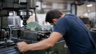 Ein Arbeiter in blauer Latzhose bedient eine große Werkzeugmaschine in einer Fabrikhalle.