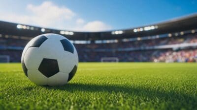 Ein schwarz-weißer Fußball liegt auf grünem Rasen in einem Stadion.