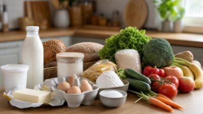 Verschiedene Grundnahrungsmittel wie Milch Brot Eier Gemüse und Obst auf einem Küchentisch