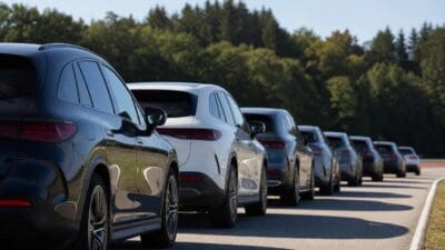Reihe dunkler und heller Mercedes SUVs auf einer Straße vor Wald