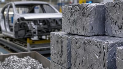 Gestapelte Aluminiumblöcke mit facettierter Oberfläche in einer Fabrikhalle vor einer Autokarosserie