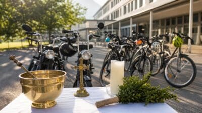 Weißer Tisch mit goldener Schale, Kreuz, Kerze und Zweigen vor Mopeds und Fahrrädern an einer Schule