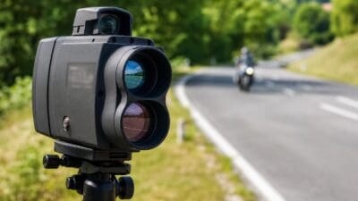 Schwarzes Radargerät mit zwei Linsen auf Stativ am Straßenrand und Motorrad im Hintergrund