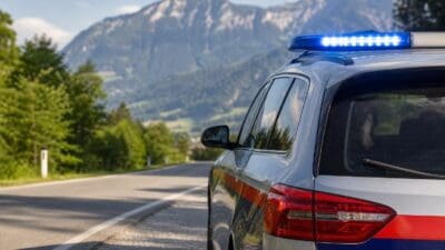 Polizeifahrzeug mit eingeschaltetem Blaulicht steht am Straßenrand vor Bergkulisse