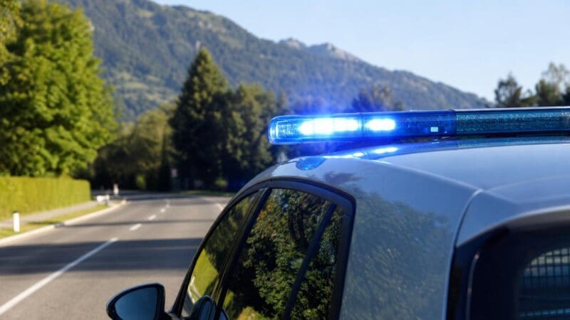 Blaues Blaulicht leuchtet auf dem Dach eines Polizeifahrzeugs an einer Straße mit Bergen im Hintergrund.