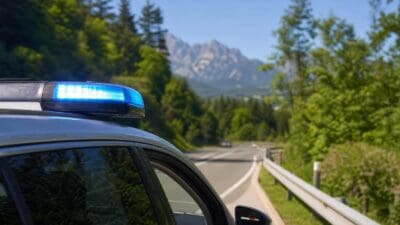 Polizeifahrzeug mit blauem Blaulicht auf einer kurvigen Landstraße in Tirol