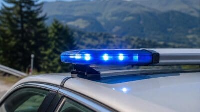Blaues Blaulicht leuchtet auf dem Dach eines silbernen Autos vor einer Bergkulisse