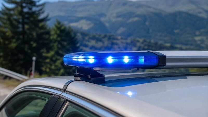 Blaues Blaulicht leuchtet auf dem Dach eines silbernen Autos vor einer Bergkulisse