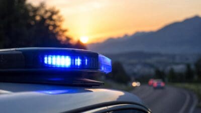 Nahaufnahme eines blauen Blaulichts auf dem Dach eines Polizeifahrzeugs bei Sonnenuntergang mit Bergen im Hintergrund