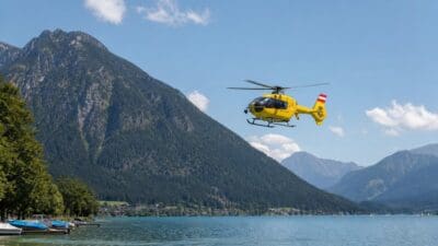 Gelber Rettungshubschrauber mit rot-weißem Heck fliegt über dem Achensee vor Bergpanorama