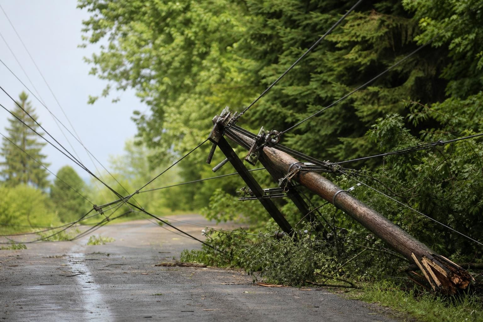 Umgestürzter Holzmast mit herabhängenden Stromleitungen liegt auf nasser Straße vor Bäumen