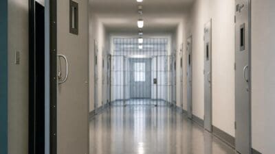 Langer leerer Flur in einem Gefängnis mit grauen Metalltüren auf beiden Seiten und Gitter am Ende