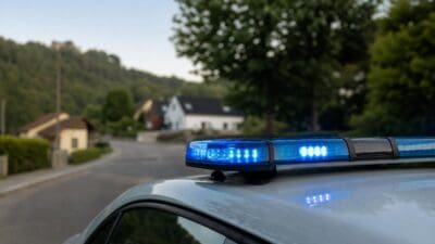 Blaues Blinklicht auf dem Dach eines Polizeiautos vor Häusern und Bäumen bei Dämmerung