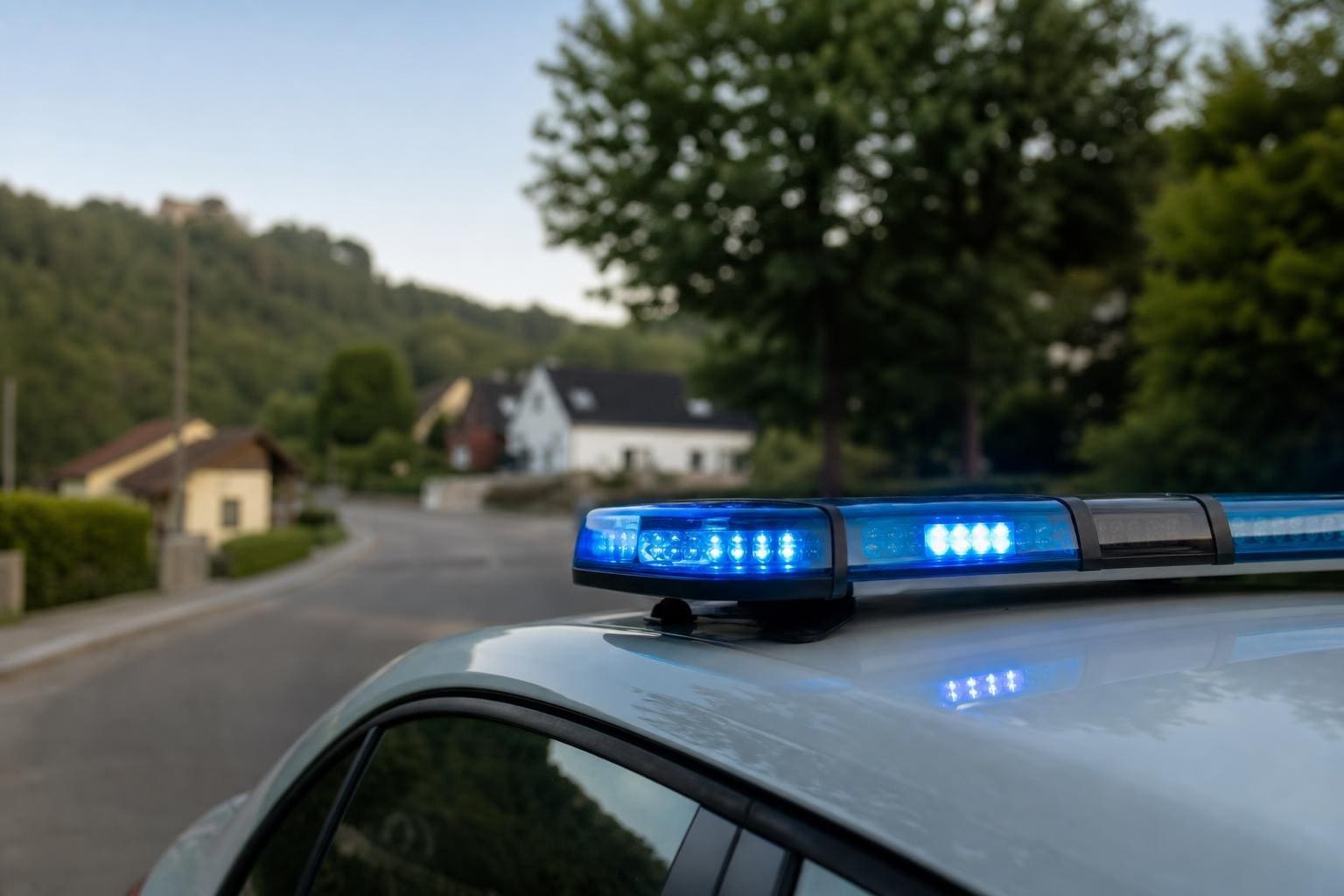 Blaues Blinklicht auf dem Dach eines Polizeiautos vor Häusern und Bäumen bei Dämmerung