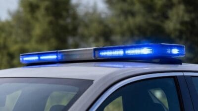 Blaues Blaulicht leuchtet auf dem Dach eines weißen Polizeiautos vor grünen Bäumen