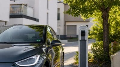 Dunkles Elektroauto steht an einer Ladestation vor modernen Wohnhäusern und Bäumen