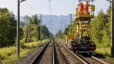 Zwei Arbeiter in orangefarbenen Anzügen auf gelber Hebebühne an Oberleitungen über Bahngleisen