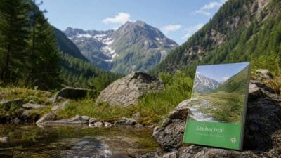 Grünes Buch Seebachtal auf einem Felsen am Bach vor Bergpanorama