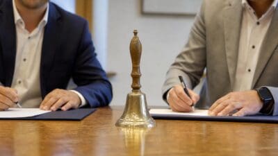 Zwei Männer in Anzügen unterzeichnen Dokumente an einem Holztisch mit einer Glocke davor