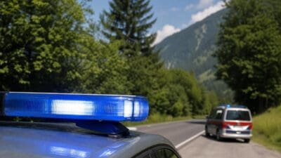 Nahaufnahme eines aktivierten blauen Blaulichts auf einem Polizeifahrzeug an einer Landstraße