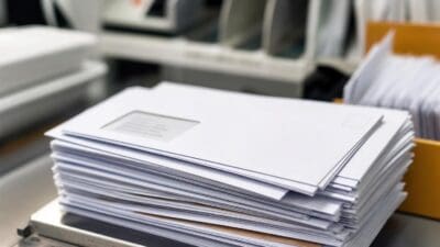 Stapel weißer Fensterumschläge auf einer Sortiermaschine in einem Briefzentrum