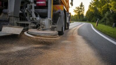 Ein Kehrfahrzeug verteilt körniges Bindemittel auf einer kurvigen Landstraße