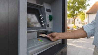 Eine Hand steckt einen 20-Euro-Schein in den Einwurfschlitz eines Geldautomaten.
