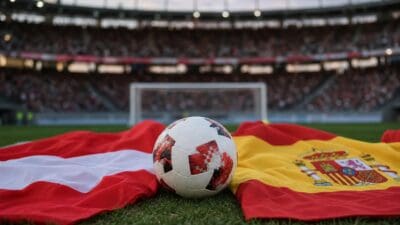 Fußball liegt auf den Flaggen von Österreich und Spanien im Stadion