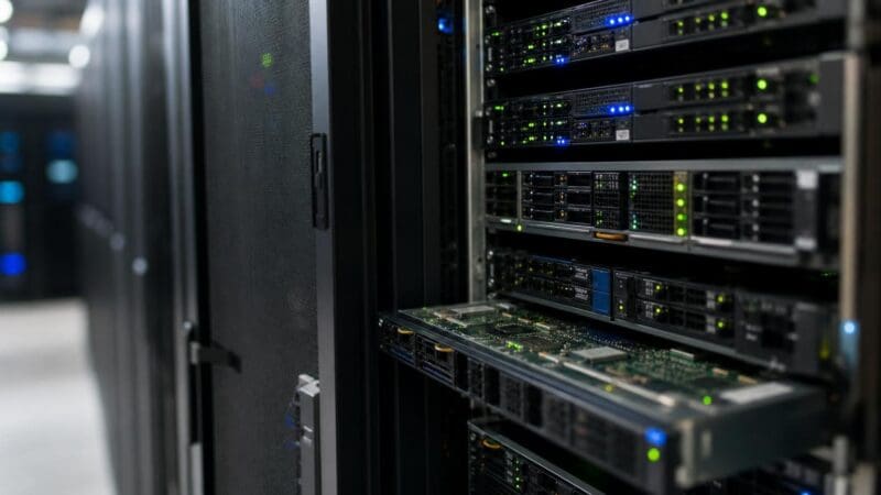 Server-Racks in einem Rechenzentrum mit grünen und blauen leuchtenden Status-LEDs auf den Geräten.