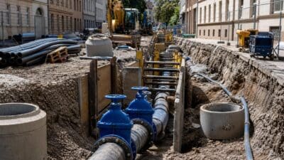 Tiefe Baugrube mit Rohrleitungen, blauen Ventilen und Baumaschinen in einer Stadtstraße