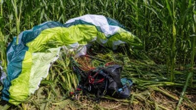 Zusammengefallener bunter Paragliderschirm mit Leinen und Gurtzeug in einem Maisfeld
