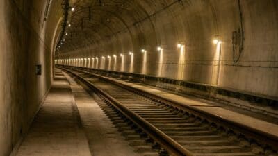 Blick in einen beleuchteten Eisenbahntunnel mit Gleisen und Betonwänden.
