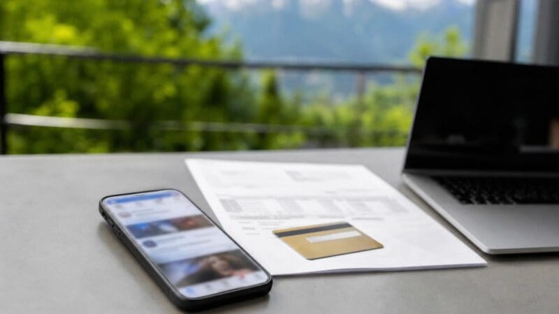 Ein Smartphone zeigt Nachrichten, daneben liegt eine goldene Kreditkarte auf einem Blatt Papier neben einem Laptop vor Bergen.