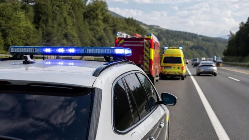 Weißes Polizeifahrzeug mit blauem Blaulicht auf der Autobahn, dahinter Feuerwehr und Rettungswagen