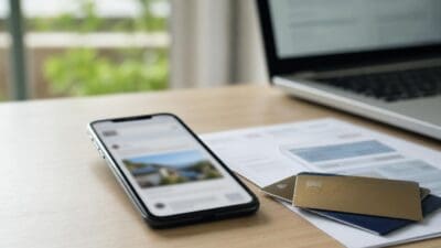 Ein Smartphone mit geöffneter App liegt neben Kreditkarten und Papieren auf einem Tisch.
