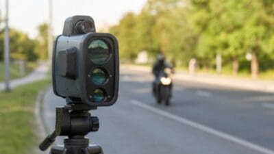 Mobiles Radarmessgerät mit mehreren Linsen auf Stativ am Straßenrand und Motorrad im Hintergrund