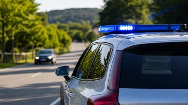 Heckansicht eines Polizeifahrzeugs mit blauem Blaulicht auf einer Landstraße.