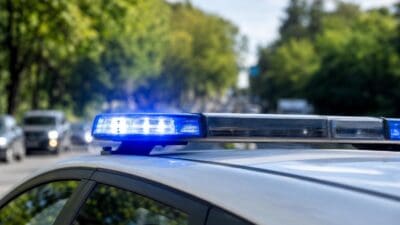 Blaues Blaulicht leuchtet auf dem Dach eines Polizeifahrzeugs.
