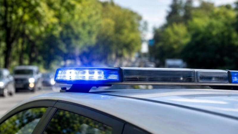 Blaues Blaulicht leuchtet auf dem Dach eines Polizeifahrzeugs.