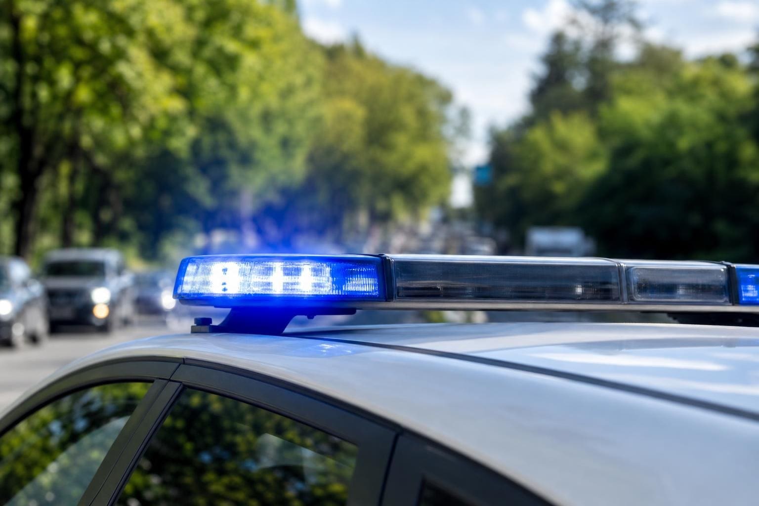 Blaues Blaulicht leuchtet auf dem Dach eines Polizeifahrzeugs.