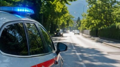 Polizeiauto mit blauem Blaulicht steht am Straßenrand einer baumbestandenen Straße