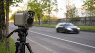 Ein mobiles Radargerät auf einem Stativ neben einer Straße mit einem unscharfen Auto im Hintergrund