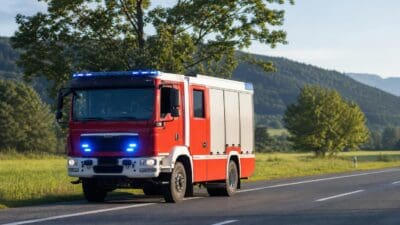 Rotes und weißes Feuerwehrfahrzeug mit eingeschaltetem Blaulicht auf einer Landstraße