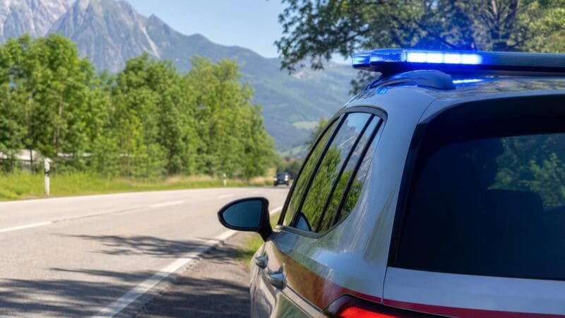 Heck eines Polizeifahrzeugs mit blauem Blaulicht auf einer Landstraße vor Bergen