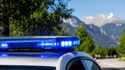 Blaulicht auf dem Dach eines weißen Polizeifahrzeugs vor Bäumen und Bergen