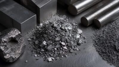Metallische Wolframblöcke, Stangen, Körner und Pulver auf dunkler Oberfläche