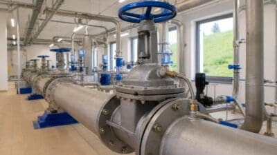 Große silberne Rohrleitungen mit blauen Ventilen in einer hellen Industriehalle