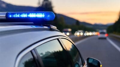 Polizeifahrzeug mit eingeschaltetem Blaulicht auf einer Autobahn bei Dämmerung