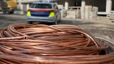 Aufgerollte Kupferrohre liegen auf einer Baustelle vor einem Polizeifahrzeug